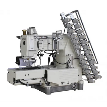 KANSAI SPECIAL FX4425PW (1/8) Cylinder Bed, 12-Needle Double Chain Stitch Machine for Attaching Elastic, with Table & Servo Motor