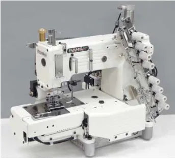 KANSAI SPECIAL FX4404P-UTC, Cylinder Bed, 4-Needle Double Chain Stitch Machine for Attaching Elastic, with Table & Servo Motor