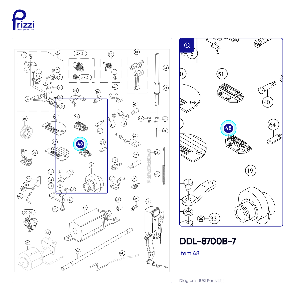JUKI 40133950 Feed Dog: location in the DDL-8700B-7 parts diagram, item 48