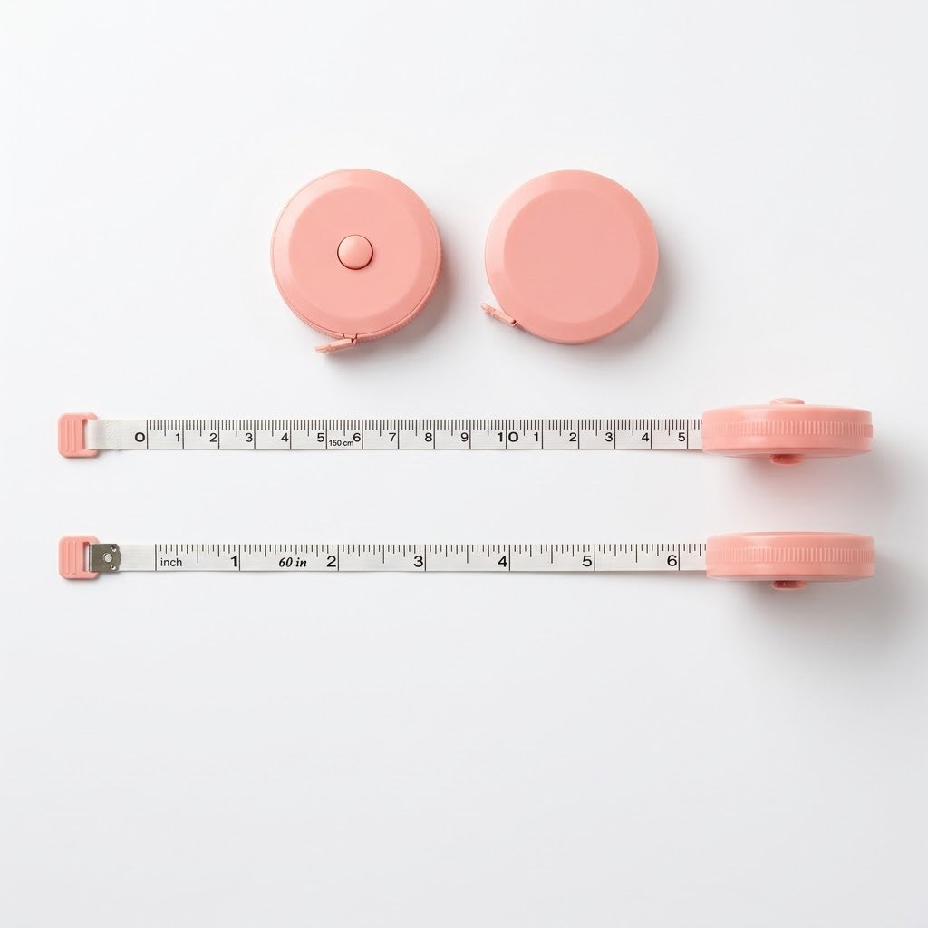 Pink retractable measuring tapes: two round cases and the tape pulled out, inch and centimeter sides